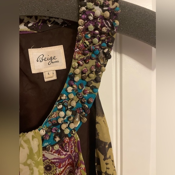 BOHO SLEEVELESS Beige by ECI choker fairy beaded, flowing blouse‎ women’s L - Picture 2 of 10